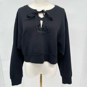 Victoria Secret Cropped Fleece Sweatshirt Women M Black Tie-up Front Long sleeve